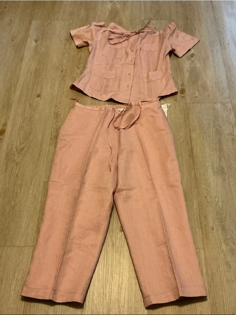 Light Pink Straight-Leg Linen Blend Pants - Relaxed Drawstring Waist